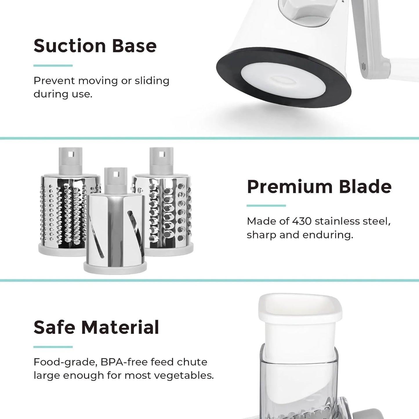 3 in 1 Cheese Grater, Rotary Cheese Shredder Grater for Kitchen Cheese Grater with Handle, Potato Slicer Vegetable Chopper with Suction Base, White