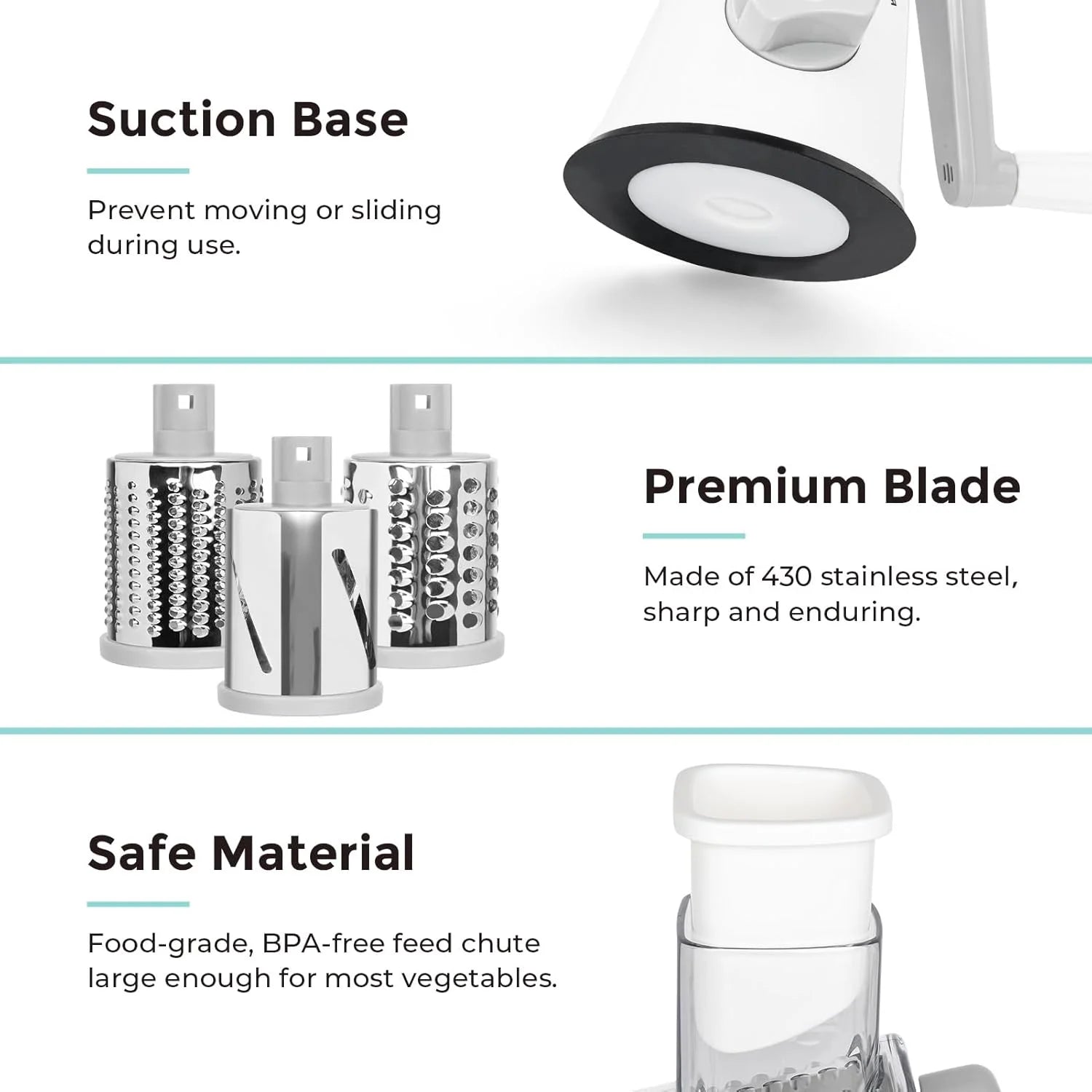 3 in 1 Cheese Grater, Rotary Cheese Shredder Grater for Kitchen Cheese Grater with Handle, Potato Slicer Vegetable Chopper with Suction Base, White