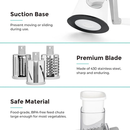 3 in 1 Cheese Grater, Rotary Cheese Shredder Grater for Kitchen Cheese Grater with Handle, Potato Slicer Vegetable Chopper with Suction Base, White