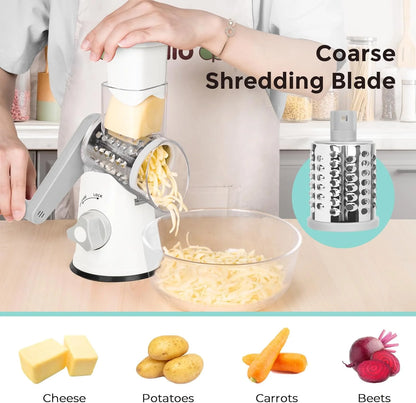 3 in 1 Cheese Grater, Rotary Cheese Shredder Grater for Kitchen Cheese Grater with Handle, Potato Slicer Vegetable Chopper with Suction Base, White