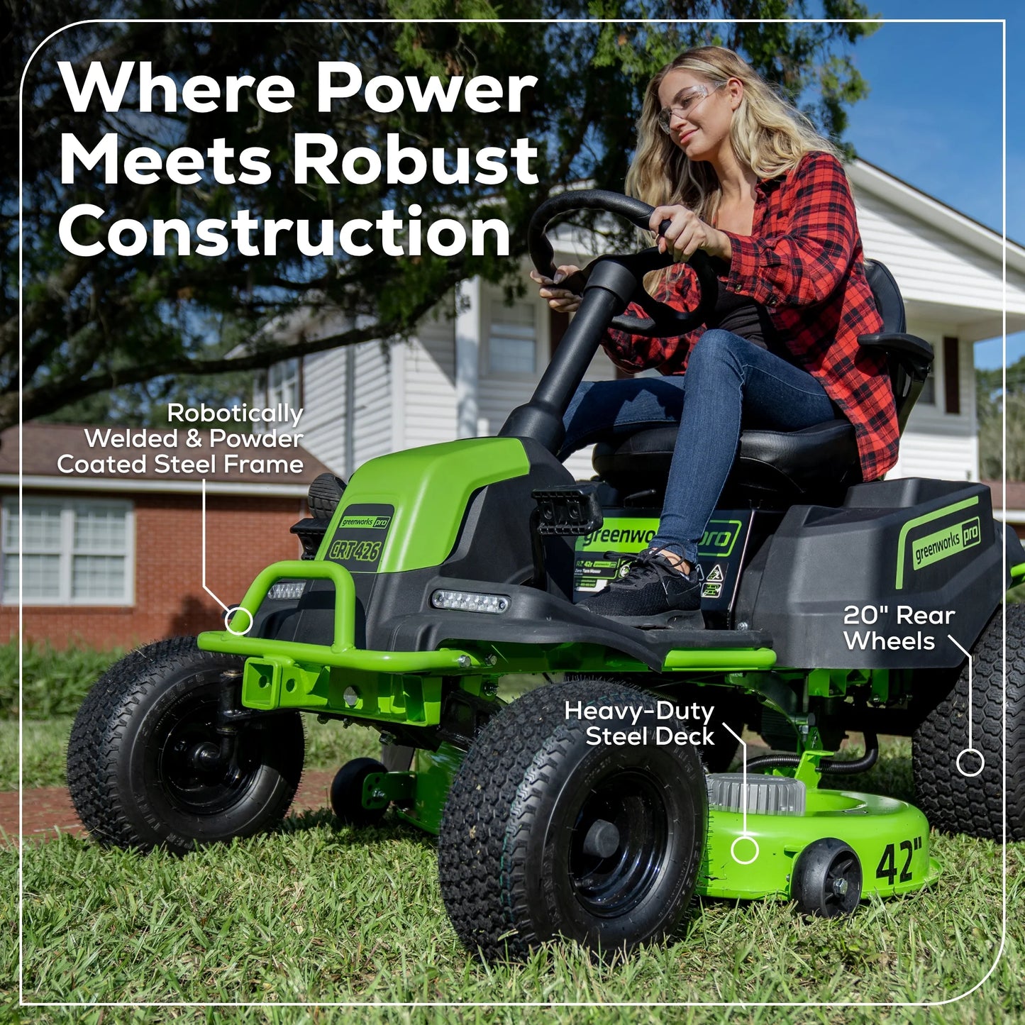 60V 42" Cordless Battery Crossovert Riding Lawn Mower with Six (6) 8.0Ah Batteries & Three (3) Dual Port Turbo Chargers 7409002