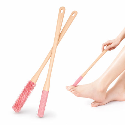 NOGIS Toe Cleaning Brush 15.7" Foot Scrubber in Shower with Long Handle Silicone Foot Brush Soft Skin Exfoliation Lotion Applicator for Foot Seniors,Elderly, Men and Women 2Pack-Pink