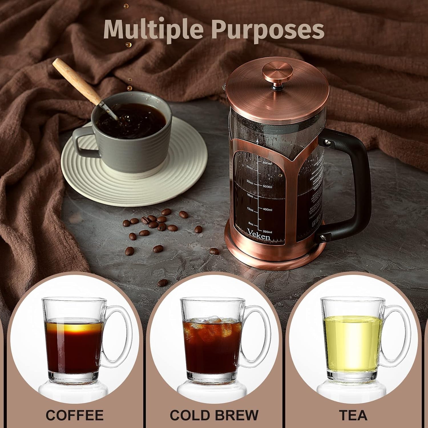 French Press Coffee & Tea Maker, 304 Stainless Steel Heat Resistant Borosilicate Glass Coffee Press with 4 Filter Screens, Durable Easy Clean 100% BPA Free, 34Oz, Copper