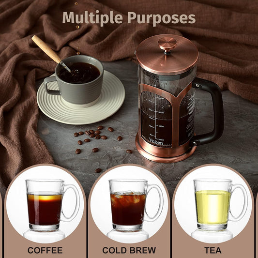 French Press Coffee & Tea Maker, 304 Stainless Steel Heat Resistant Borosilicate Glass Coffee Press with 4 Filter Screens, Durable Easy Clean 100% BPA Free, 34Oz, Copper