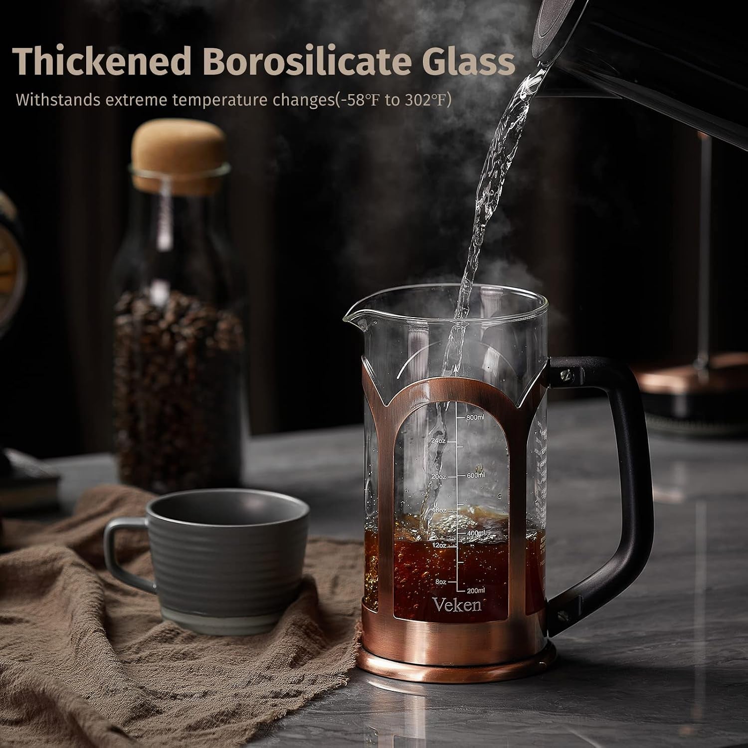French Press Coffee & Tea Maker, 304 Stainless Steel Heat Resistant Borosilicate Glass Coffee Press with 4 Filter Screens, Durable Easy Clean 100% BPA Free, 34Oz, Copper
