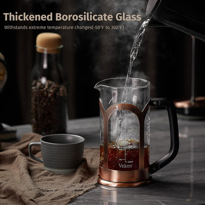 French Press Coffee & Tea Maker, 304 Stainless Steel Heat Resistant Borosilicate Glass Coffee Press with 4 Filter Screens, Durable Easy Clean 100% BPA Free, 34Oz, Copper