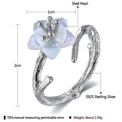 925 Sterling Silver White Cherry Blossom Shell Pearl Flower Branch Rings