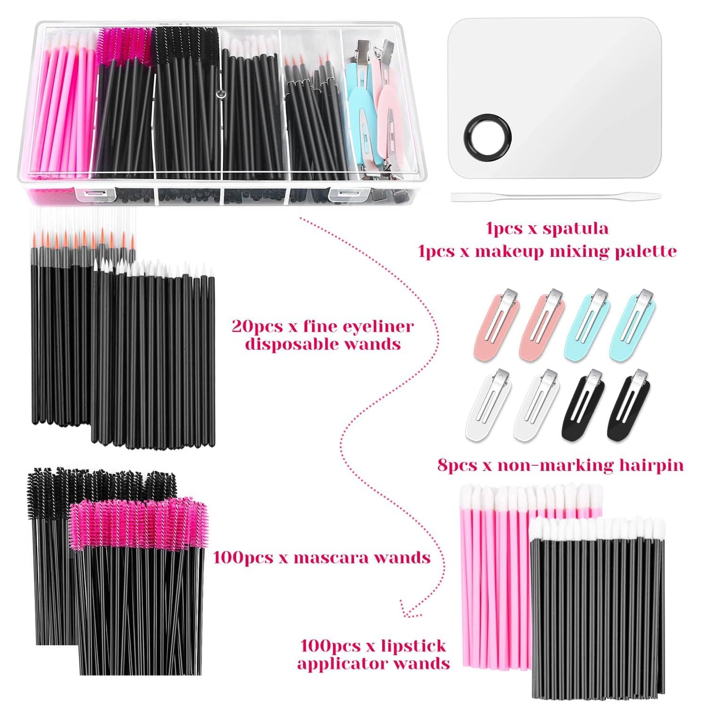 Makeup Mixing Tray with Disposable Accessories Kit - Mascara Wands, Lip Applicators, Hair Clips & Organizer Box
