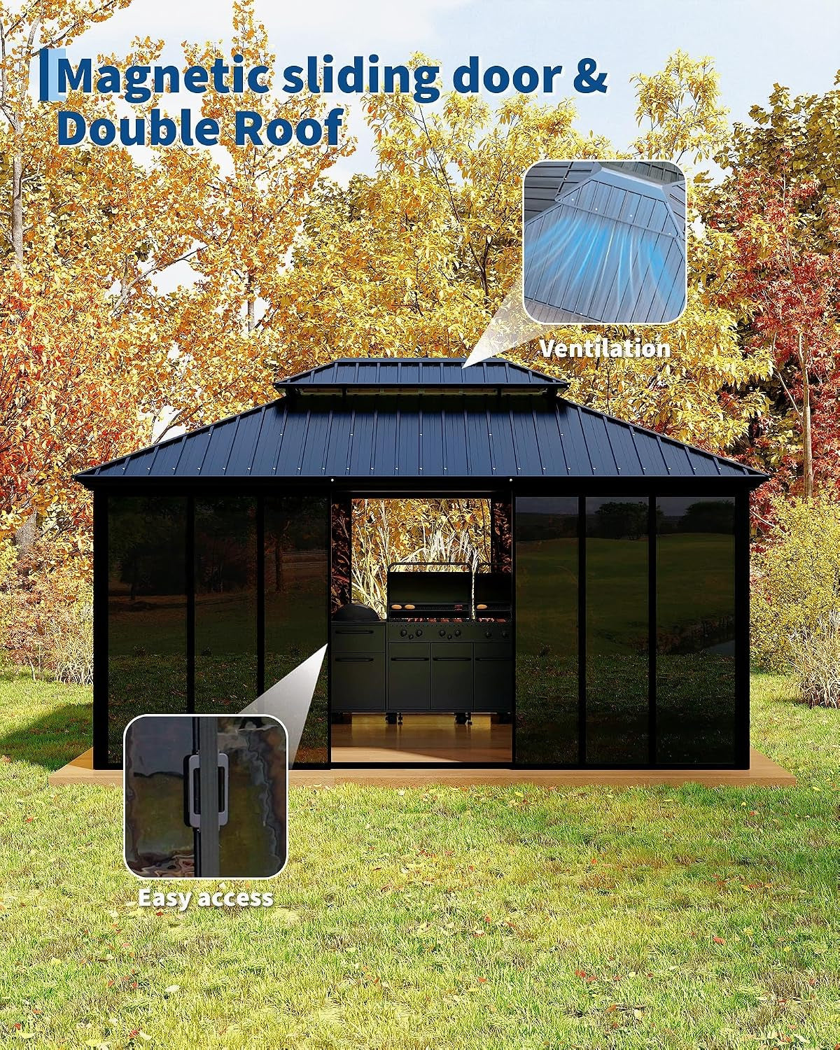 12X16 Ft Hardtop Gazebo Sunroom, All-Season Outdoor Room with Aluminum Frame, Enclosed Patio Solarium with Polycarbonate Sliding Doors & Double Roof for Backyard, Deck, and Hot Tub Enclosure