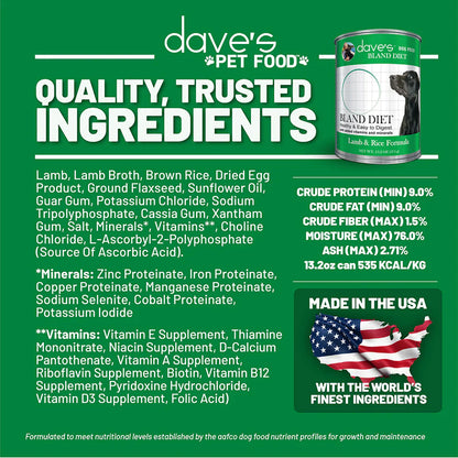 Dave's Restricted Diet Bland for Dogs – Lamb & Rice Formula (13.2oz)