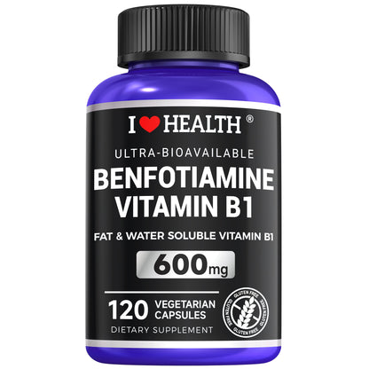 Benfotiamine 600mg Plus 20mg Vitamin B1 | 120 Veggie Capsules | Made in USA | 3rd Party Tested | Fat Soluble Vitamin B1 Thiamine Supplement | Non-GMO | Gluten Free