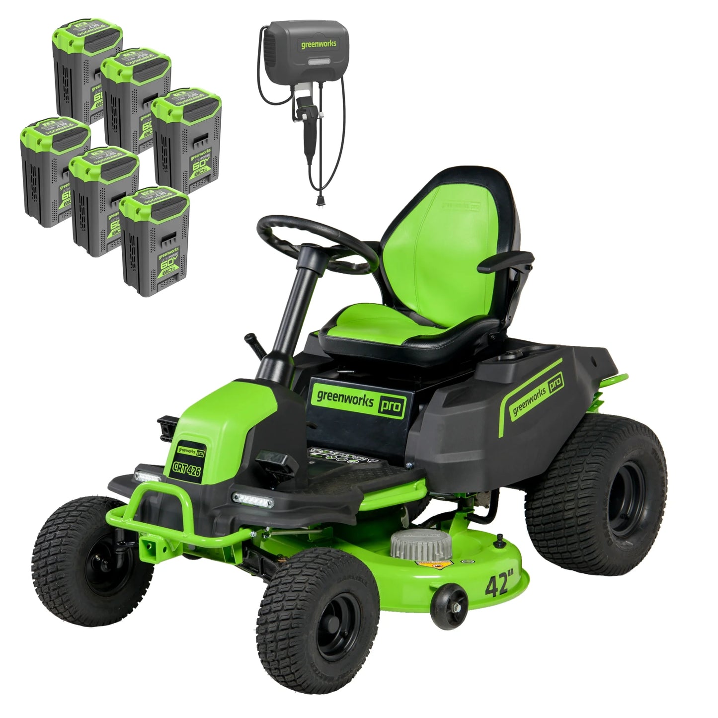 60V 42" Cordless Battery Crossovert Riding Lawn Mower with Six (6) 8.0Ah Batteries & Three (3) Dual Port Turbo Chargers 7409002