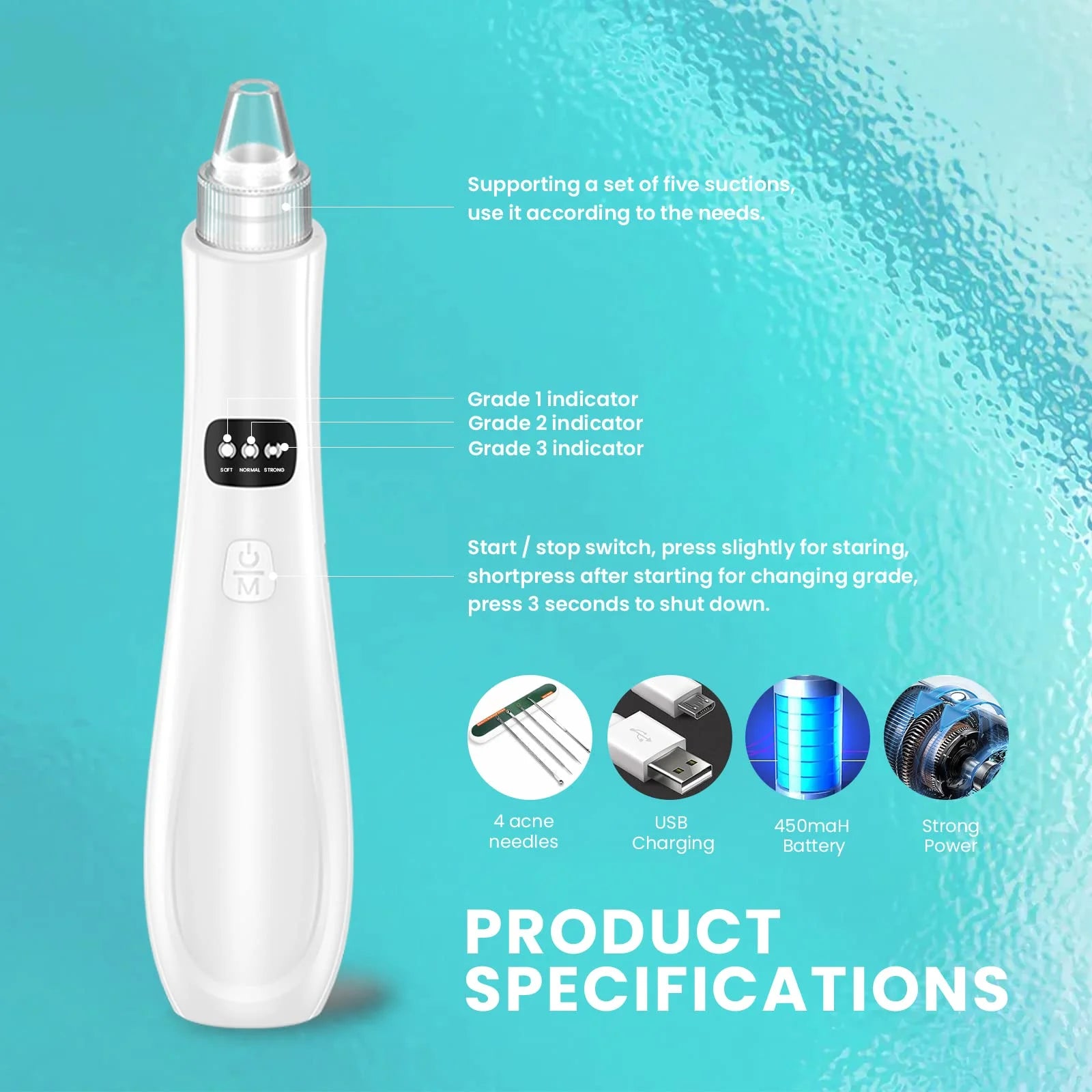 Blackhead Remover Pore Vacuum Cleaner - Electric USB Extractor with 5 Probes - White