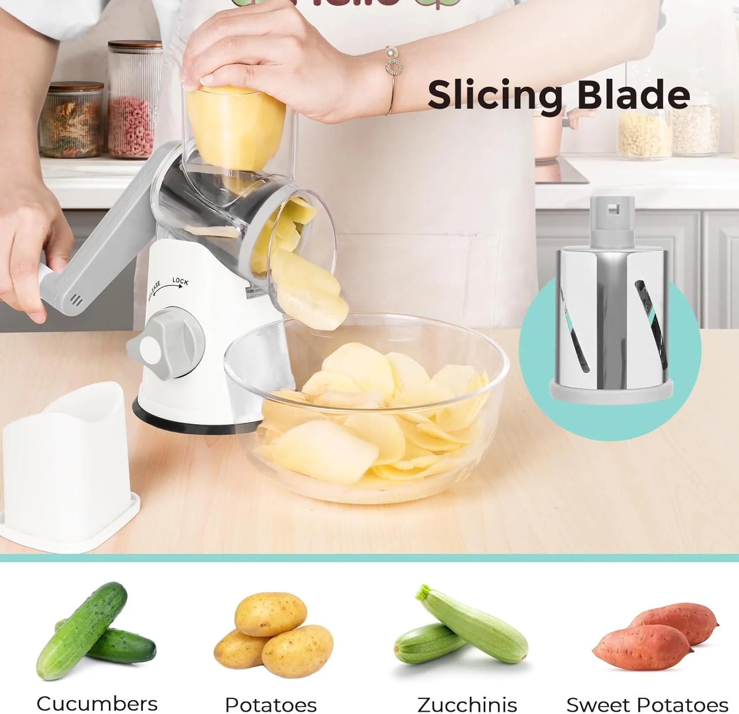 3 in 1 Cheese Grater, Rotary Cheese Shredder Grater for Kitchen Cheese Grater with Handle, Potato Slicer Vegetable Chopper with Suction Base, White