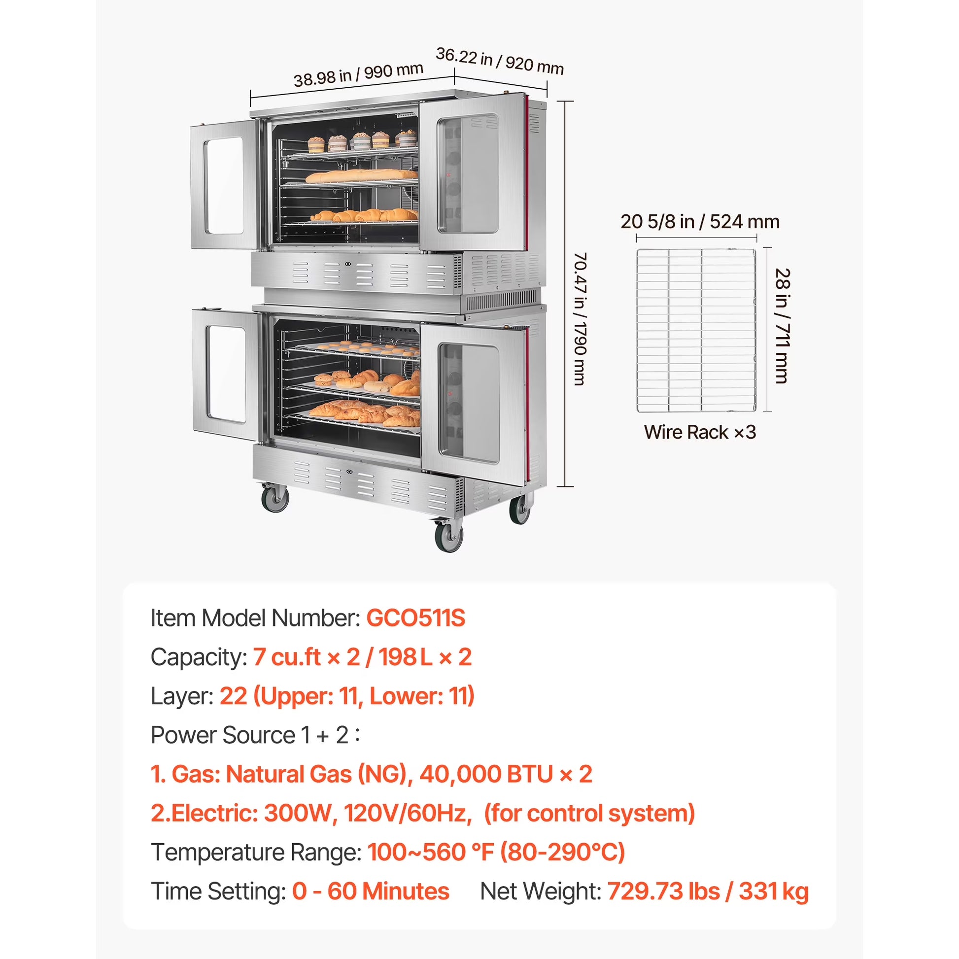 Double Deck Gas Convection Oven,14 Cu.Ft Full-Size Commercial Oven, 40,000 BTU X 2 High-Performance Burners, Natural Gas Oven with Dual Fan Modes, Ideal for Bakeries, Restaurants, and Kitchens