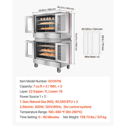 Double Deck Gas Convection Oven,14 Cu.Ft Full-Size Commercial Oven, 40,000 BTU X 2 High-Performance Burners, Natural Gas Oven with Dual Fan Modes, Ideal for Bakeries, Restaurants, and Kitchens