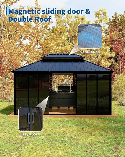 12'X16' Hardtop Gazebo Sunroom, Enclosed Gazebo with Floor-To-Ceiling Sliding Doors, Heavy Duty Aluminum Alloy Frame, Gray Acrylic Panel Outdoor Solarium for Backyard Patio Deck
