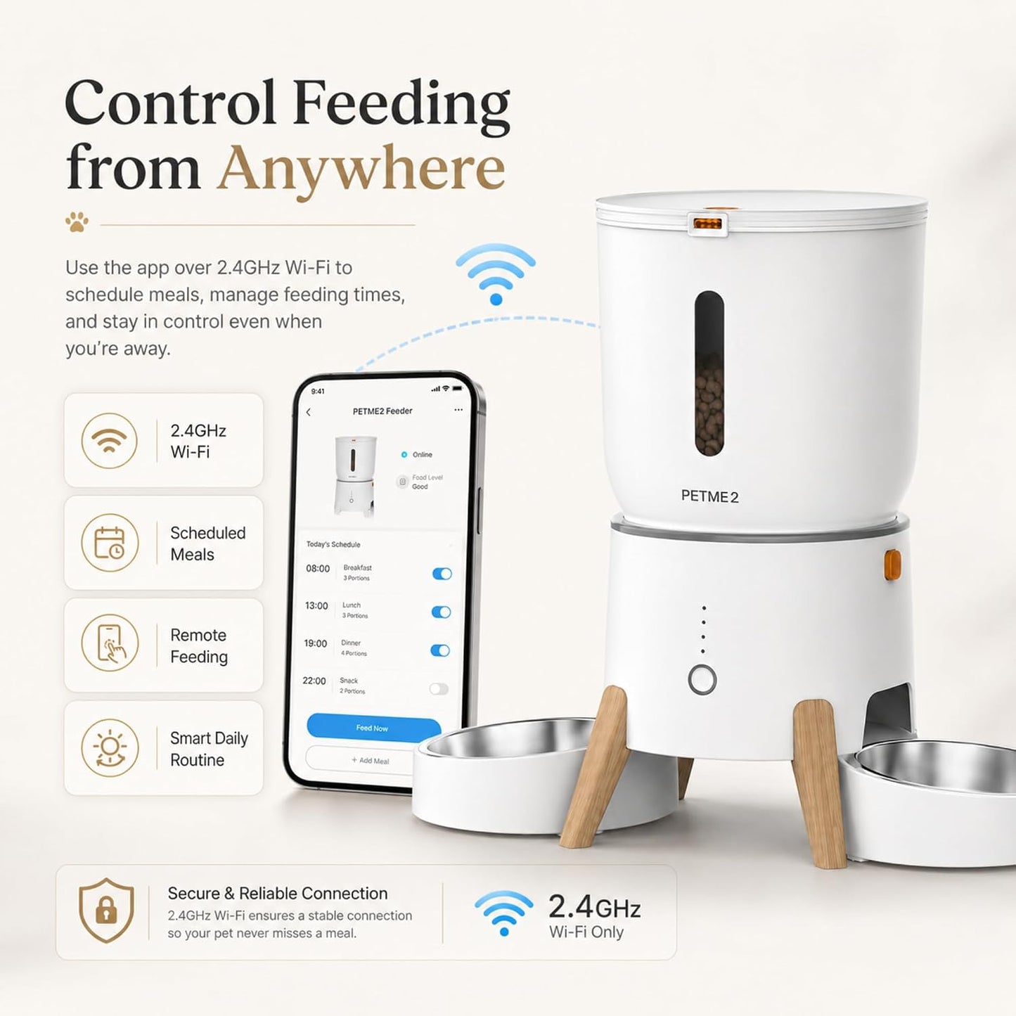 Dual Bowl Automatic Cat Feeder - 5L Wifi Smart Elevated Cat Feeding Station with App Control, Voice Recording, Dual Power Options, Stainless Steel Cat Bowls & Anti-Jam Technology for Small Dogs