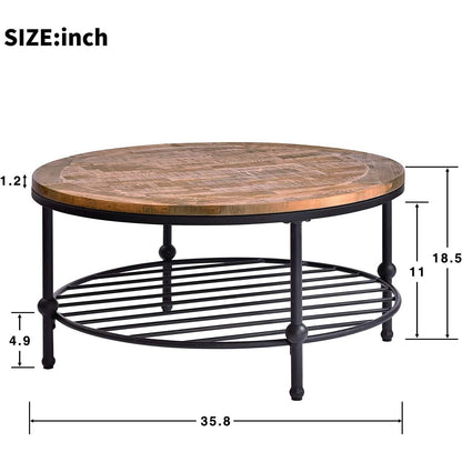 Antique Natural Coffee Table with Living Room Storage Rack