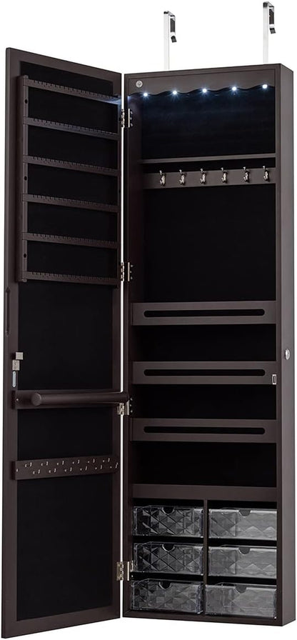 Jewelry Cabinet Armoire, Wall Mount Door Hanging, Lockable Jewelry Organizer with 47.5'' Full Length Mirror, 5 Lights, Large Jewelry Storage Box with 6 Acrylic Drawers (Brown)