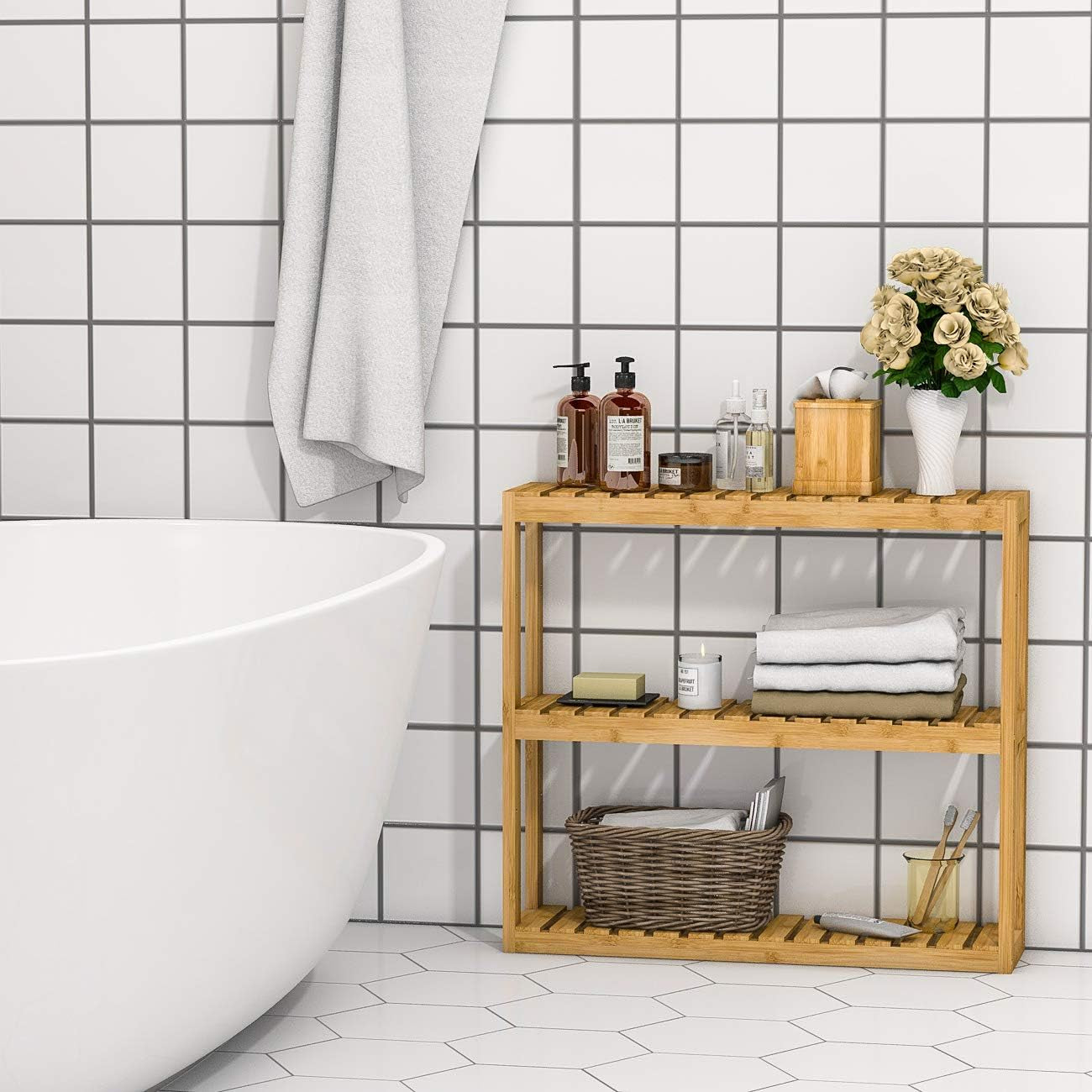 Bamboo Bathroom Shelf over Toilet - 3 Tier Bathroom Shelves Wall Mounted for Towel Storage Shelf, Adjustable Bathroom Rack Organizer