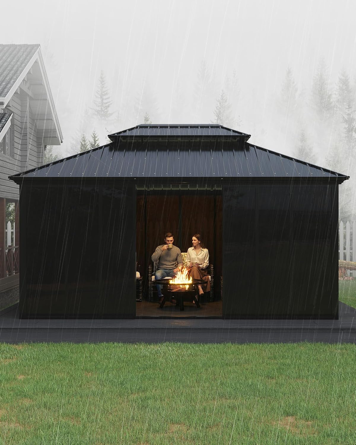 12X16 Ft Hardtop Gazebo Sunroom, All-Season Outdoor Room with Aluminum Frame, Enclosed Patio Solarium with Polycarbonate Sliding Doors & Double Roof for Backyard, Deck, and Hot Tub Enclosure