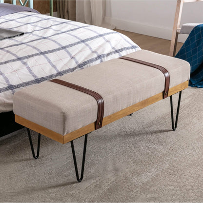Bench for Bedroom Entryway Linen Ottoman Fabric Upholstered with Soft Cushion and Solid Wood Frame