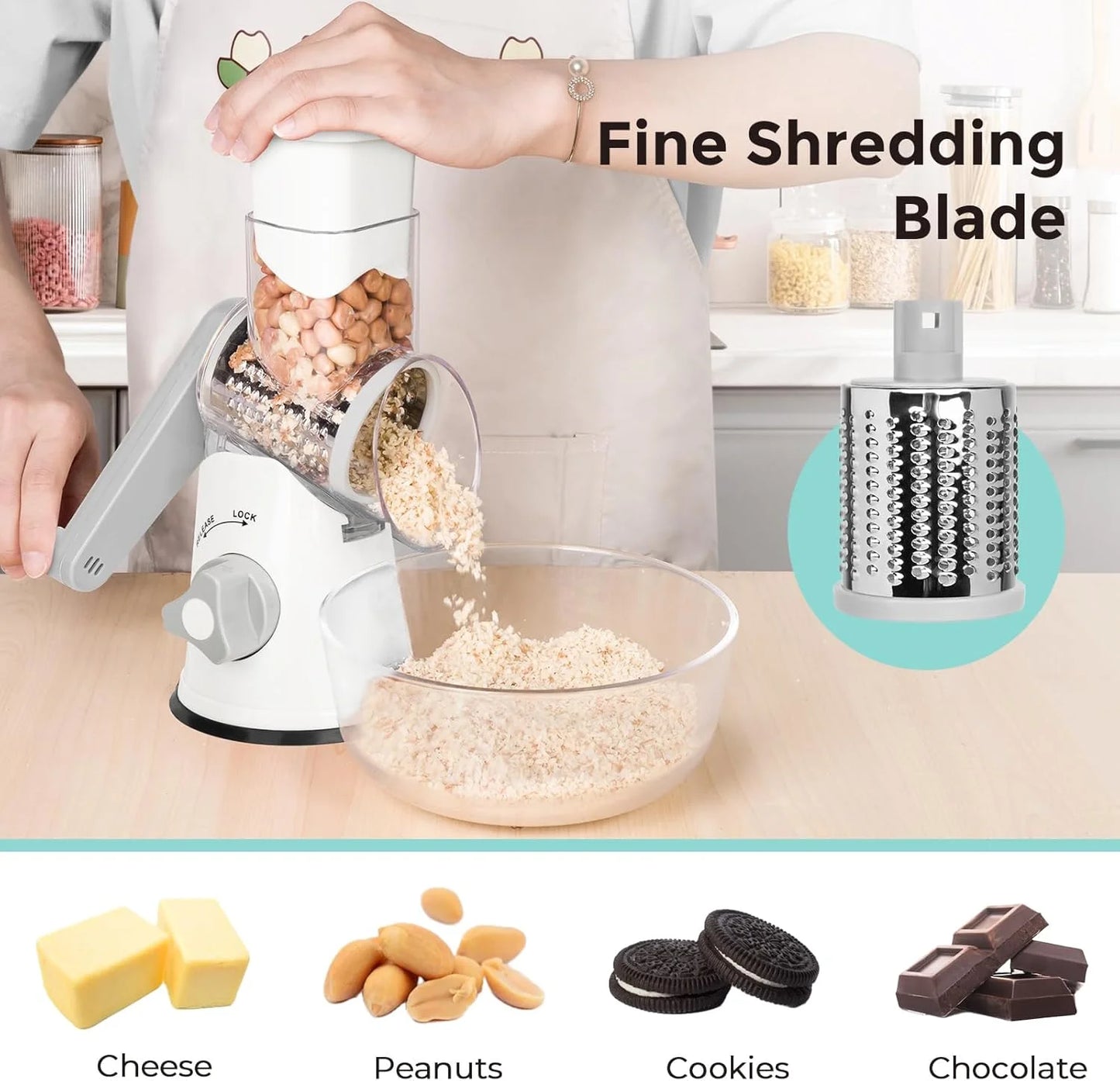 3 in 1 Cheese Grater, Rotary Cheese Shredder Grater for Kitchen Cheese Grater with Handle, Potato Slicer Vegetable Chopper with Suction Base, White