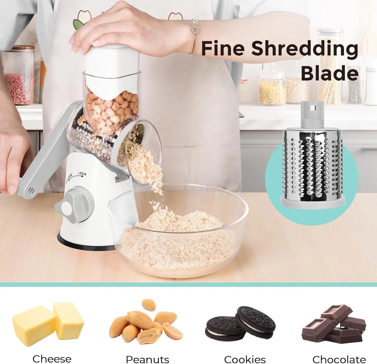 3 in 1 Cheese Grater, Rotary Cheese Shredder Grater for Kitchen Cheese Grater with Handle, Potato Slicer Vegetable Chopper with Suction Base, White