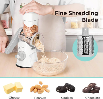 3 in 1 Cheese Grater, Rotary Cheese Shredder Grater for Kitchen Cheese Grater with Handle, Potato Slicer Vegetable Chopper with Suction Base, White