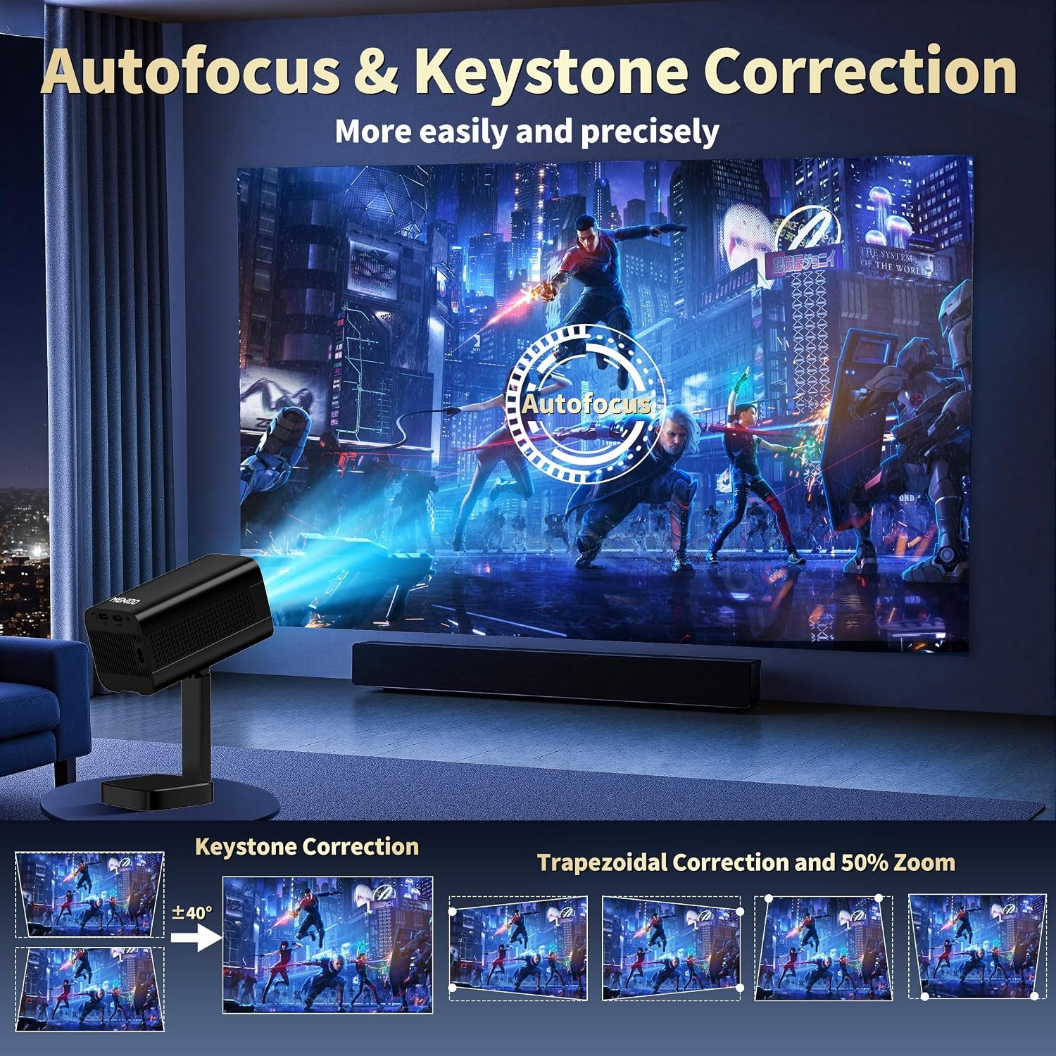Mini Projector 4K 1280P [2026 Upgraded Built-In Apps] Projector with Wifi 6 and Bluetooth 5.4, Auto Focus & Keystone Correction Smart Projector Compatible with HDMI/TV Stick/Laptop/Usb,Black