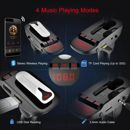 Car FM Transmitter with Wireless Earpiece 2 USB Charge Ports