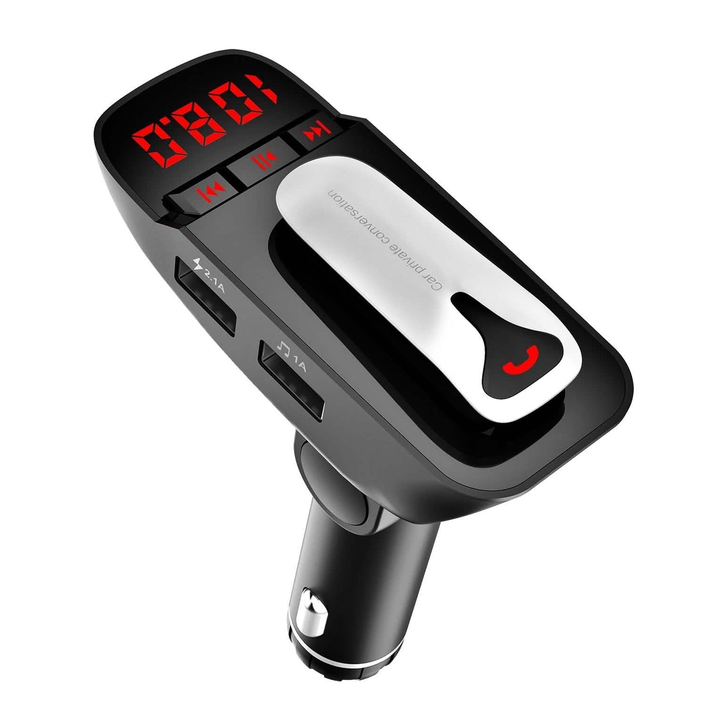 Car FM Transmitter with Wireless Earpiece 2 USB Charge Ports