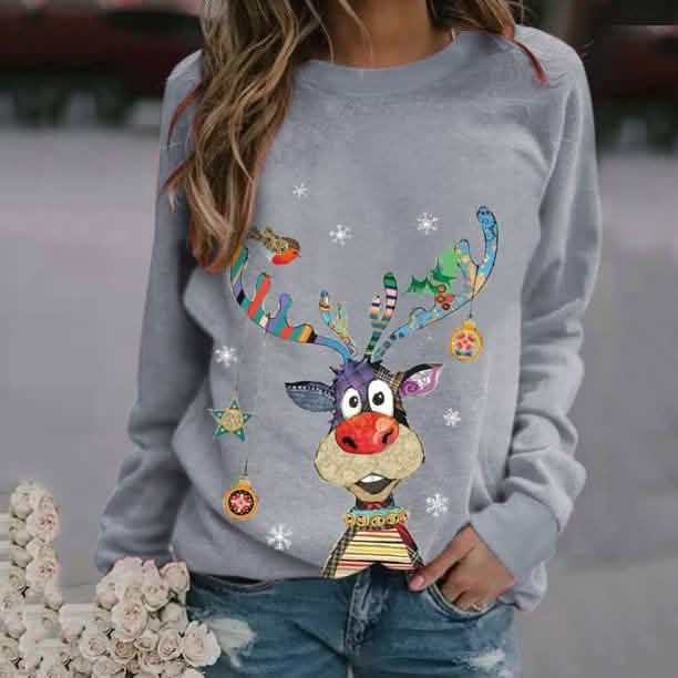 Casual O-Neck Long Sleeve Elk Print Hoodies and Pullover Tops Tees Hoody