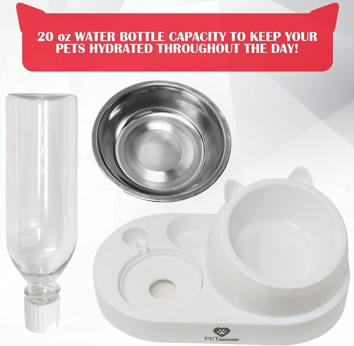Petsionate Cat Food and Water Bowl Set - Cat Feeder and Water Dispenser Tilted - Gravity Cat Bowls for Food and Water - Automatic Dog and Cat Feeding & Watering Supplies – Elevated Cat Dish - 20Oz