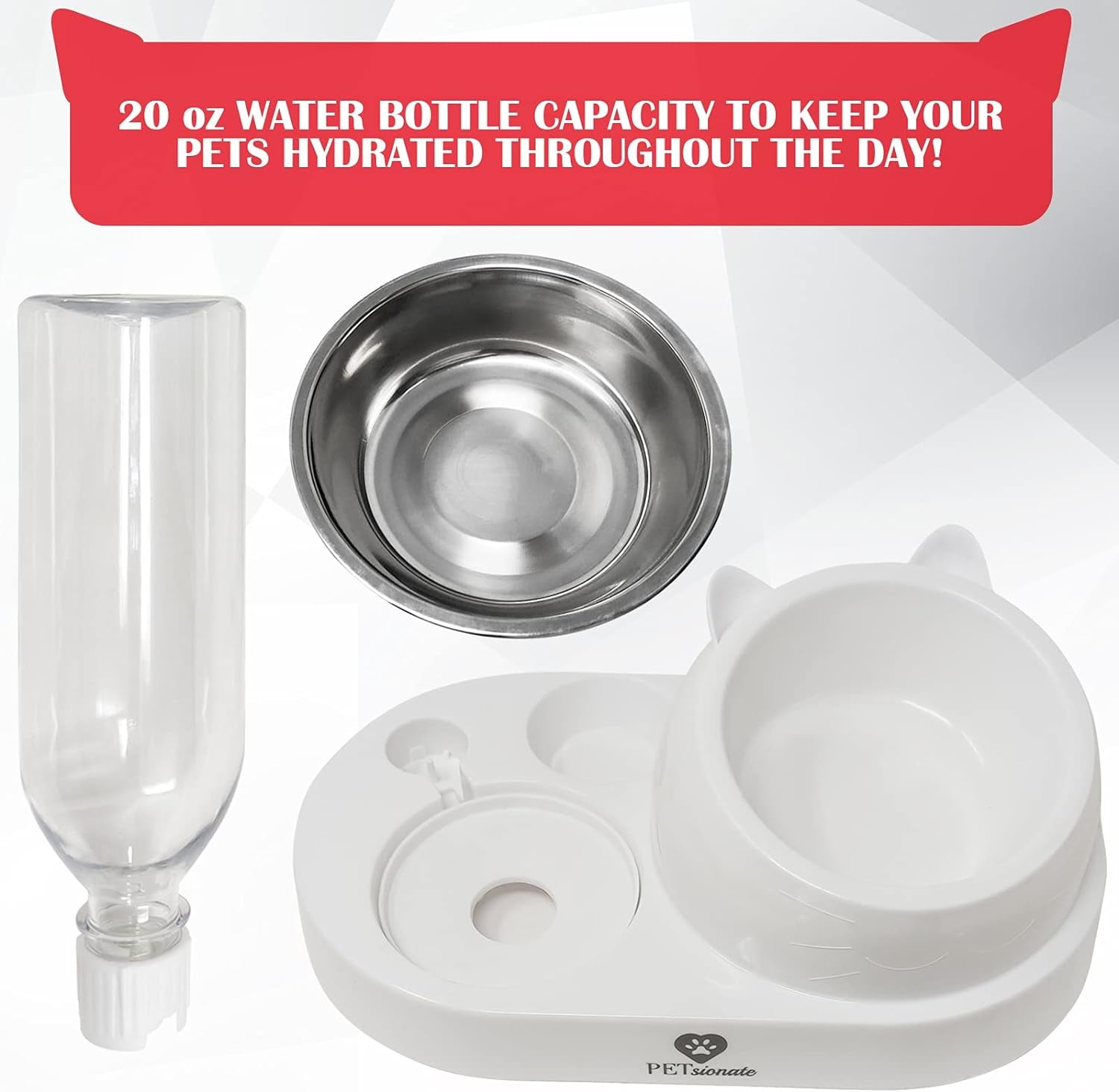 Petsionate Cat Food and Water Bowl Set - Cat Feeder and Water Dispenser Tilted - Gravity Cat Bowls for Food and Water - Automatic Dog and Cat Feeding & Watering Supplies – Elevated Cat Dish - 20Oz