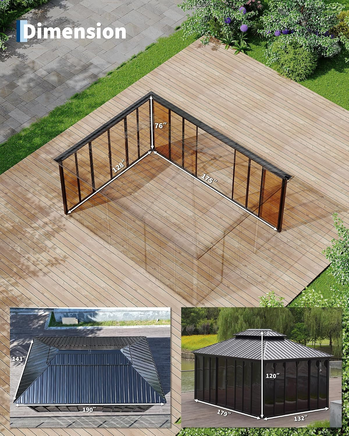 12X16 Ft Hardtop Gazebo Sunroom, All-Season Outdoor Room with Aluminum Frame, Enclosed Patio Solarium with Polycarbonate Sliding Doors & Double Roof for Backyard, Deck, and Hot Tub Enclosure