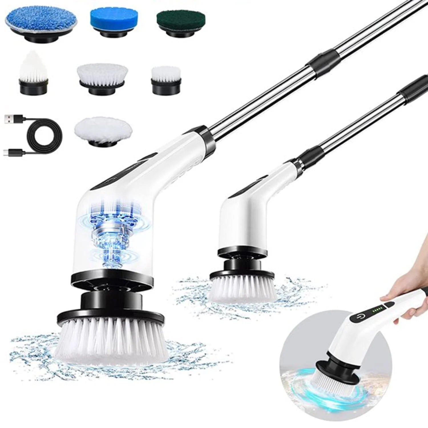 Electric Spin Scrubber, Cordless Bath Tub Power Scrubber with Long Handle & 7 Replaceable Heads, Detachable as Short Handle, Shower Cleaning Brush Household Tools for Bathroom & Tile Floor