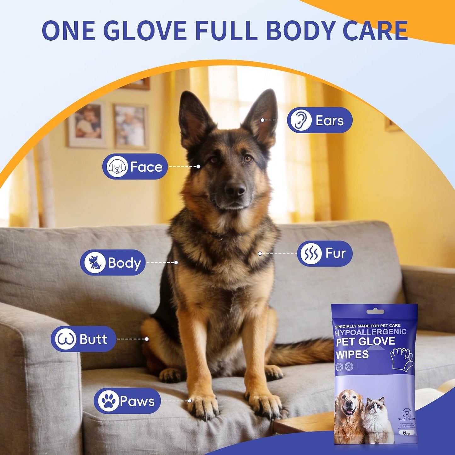 Pet Glove Wipes for Dogs Cats, Grooming Deodorizing Puppy Face Paws Fur and Butt Gloves Wipe, Unscented Extra Thick Travel Cleaning Care Hypoallergenic No Rinse Disposable Bathing Dog Wipes, 24 Pcs