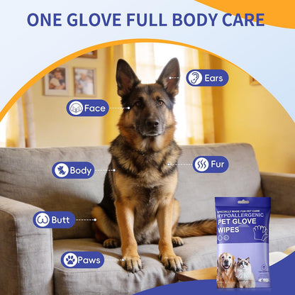 Pet Glove Wipes for Dogs Cats, Grooming Deodorizing Puppy Face Paws Fur and Butt Gloves Wipe, Unscented Extra Thick Travel Cleaning Care Hypoallergenic No Rinse Disposable Bathing Dog Wipes, 24 Pcs