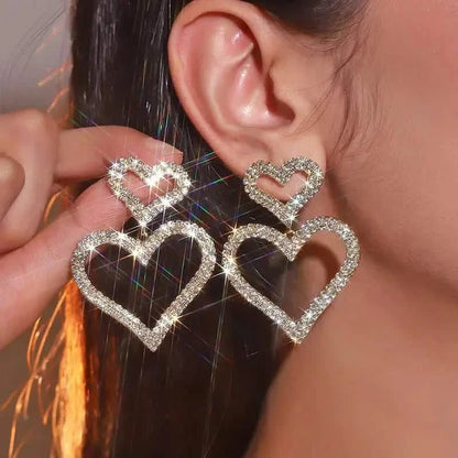 Chic Double Heart Rhinestone Stud Earrings