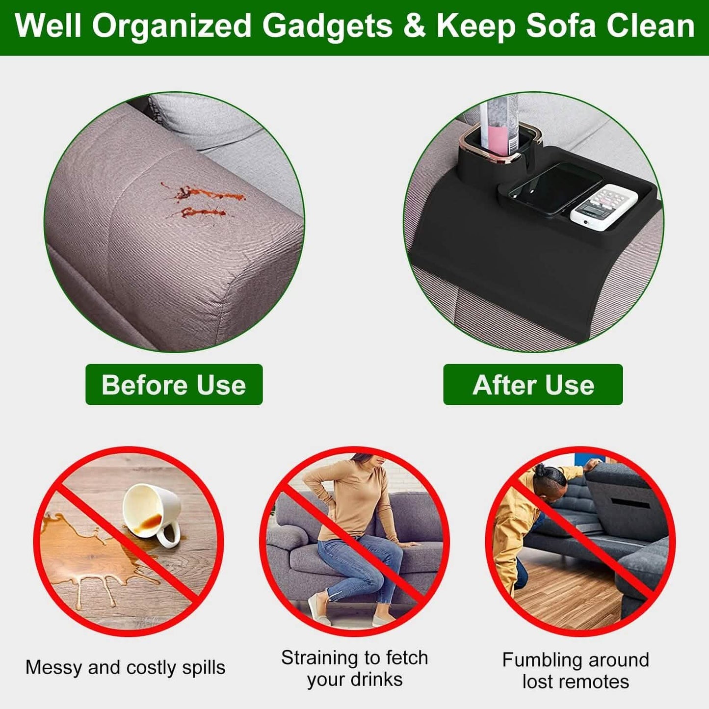 Couch Arm Cup Holder Tray Anti-spill Anti-slip Silicone Armrest Remote Snack Organizer