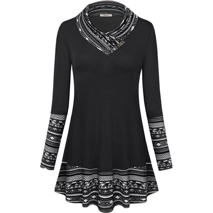 Cowl Neck Long Sleeve Patchwork Top