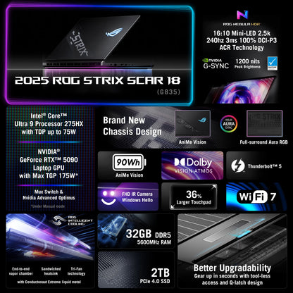 ROG Strix SCAR 18 (2025) Gaming Laptop, 18” ROG Nebula HDR 2.5K 240Hz, NVIDIA RTX 5090, Intel® Ultra 9 275HX, 32GB, 2TB SSD, Windows Pro