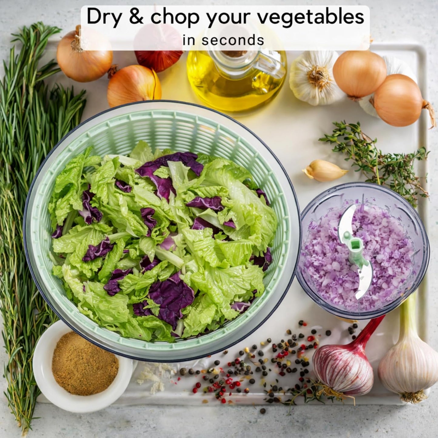 Salad Spinner and Chopper Combo: Large 6.34-Quart Lettuce Greens Vegetable Washer Dryer with Bonus 0.95-Quart Push Veggie Chopper Mixer, Storage Lids, Collapsible, No Electricity, Easy Prep