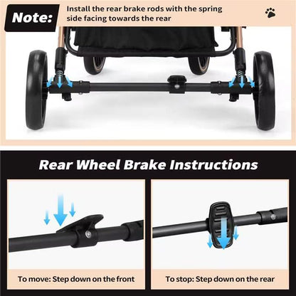 Dog Stroller for Pets, One Hand Fold Puppy Stroller with 6 Shock Absorbers, Removable Cabin & Storage Basket, 4 Wheels Dual Brakes, Rose Gold + Black