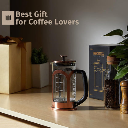 French Press Coffee & Tea Maker, 304 Stainless Steel Heat Resistant Borosilicate Glass Coffee Press with 4 Filter Screens, Durable Easy Clean 100% BPA Free, 34Oz, Copper