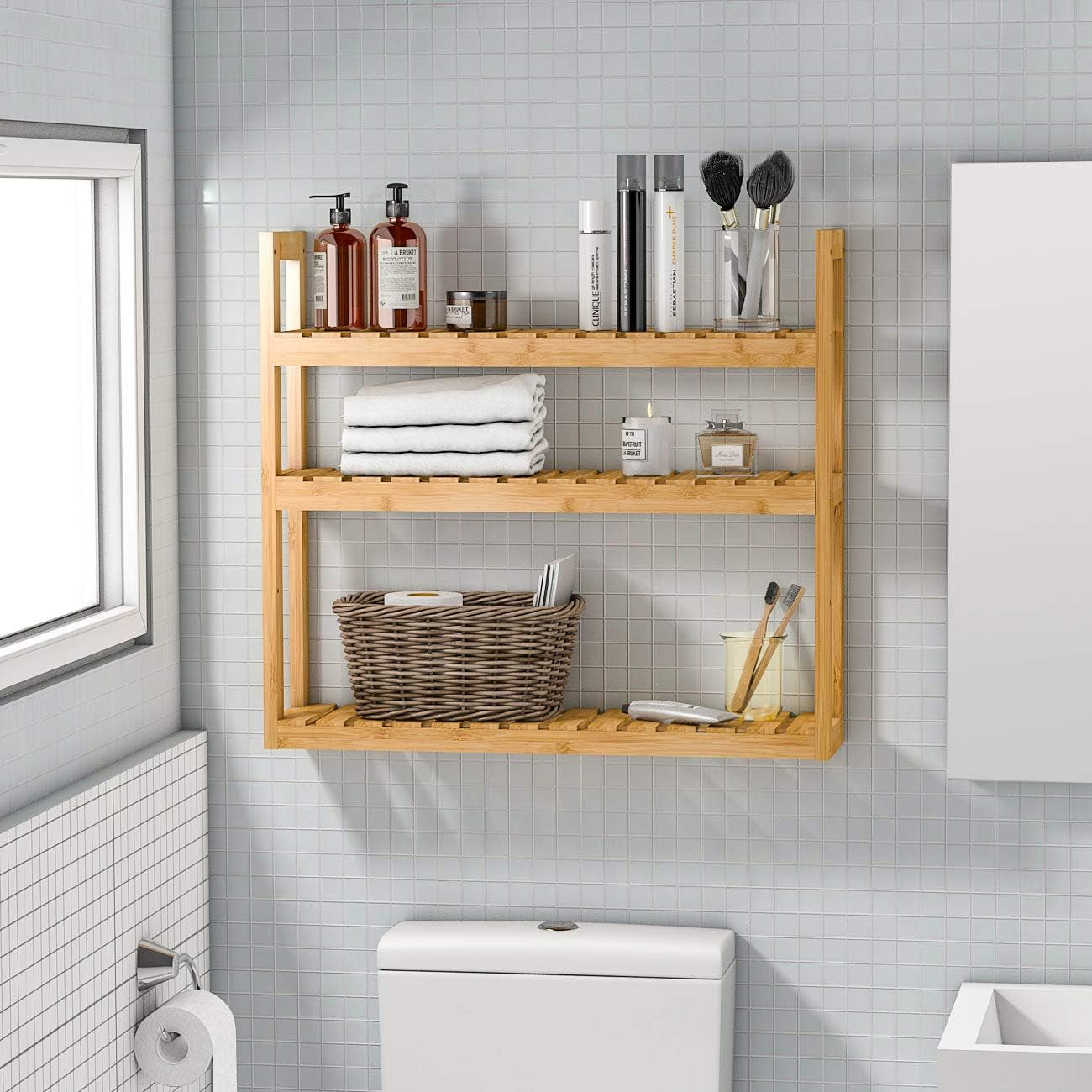 Bamboo Bathroom Shelf over Toilet - 3 Tier Bathroom Shelves Wall Mounted for Towel Storage Shelf, Adjustable Bathroom Rack Organizer