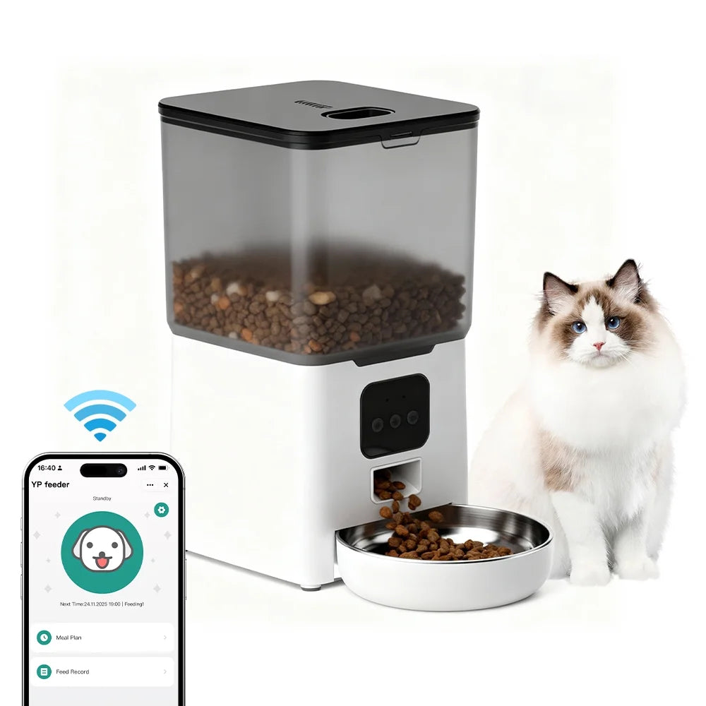 Automatic Cat Feeder 6L WIFI, 2.4G Wifi Timed Pet Feeder Cat Food Dispenser, 6L Automatic Cat Food Dispenser for Small Pets Indoor, White