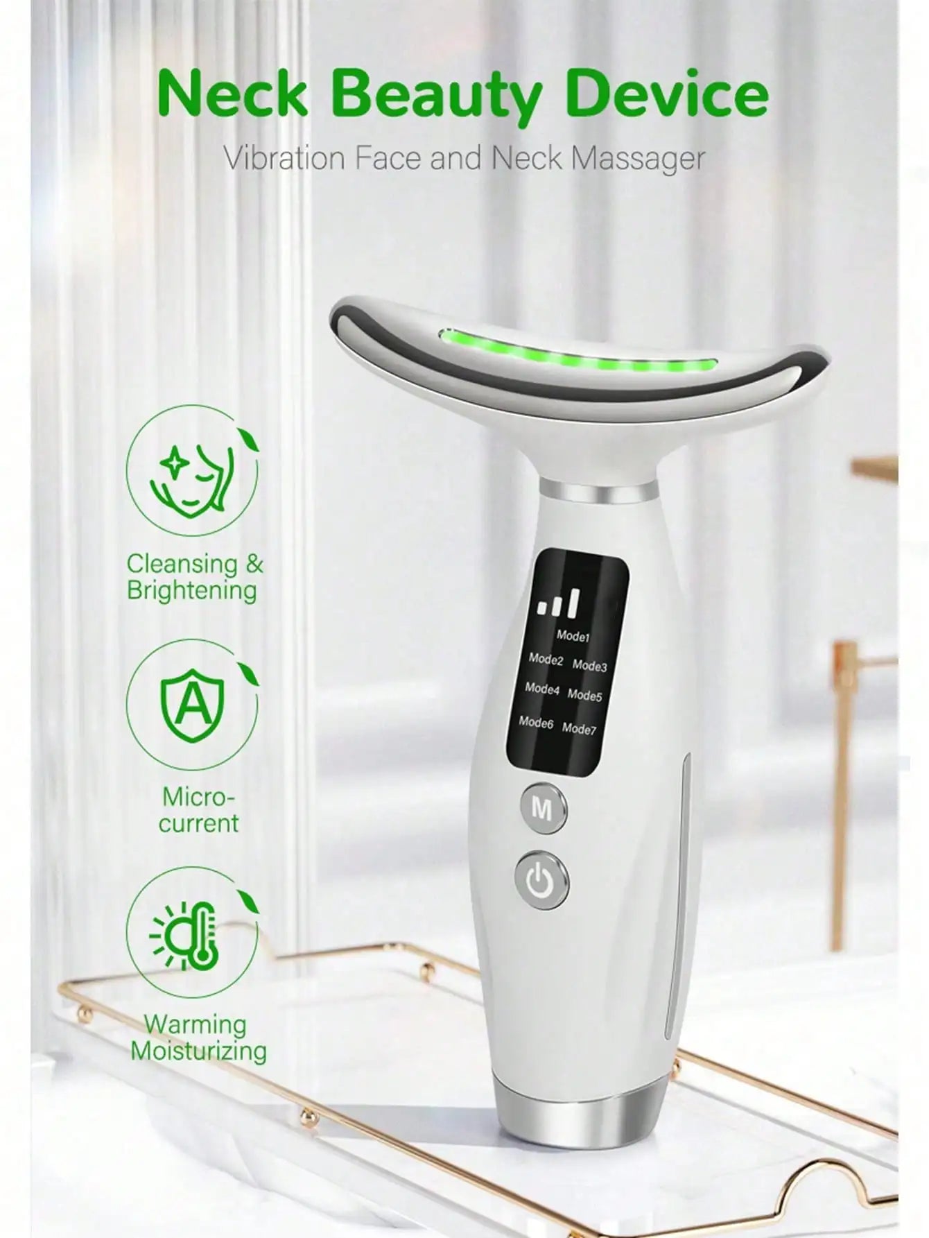 Colour Light Face and Neck Beauty Instrument 7 Modes and 7 Speeds Adjustment with Curved Hand Grip Neck Beauty Instrument